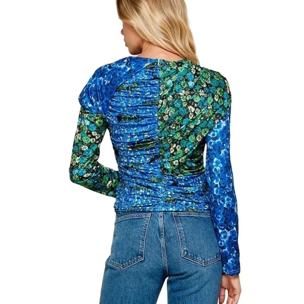 ZARA Patchwork Floral Blouse Top Keyhole Neckline Ruched Draped Cape Sleeve NWOT - Picture 9 of 16